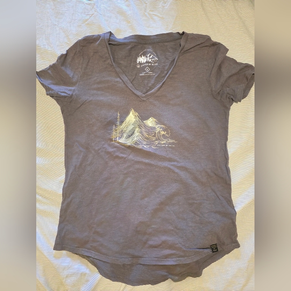 United By Blue Charcoal V-Neck Tee with Mountain Design